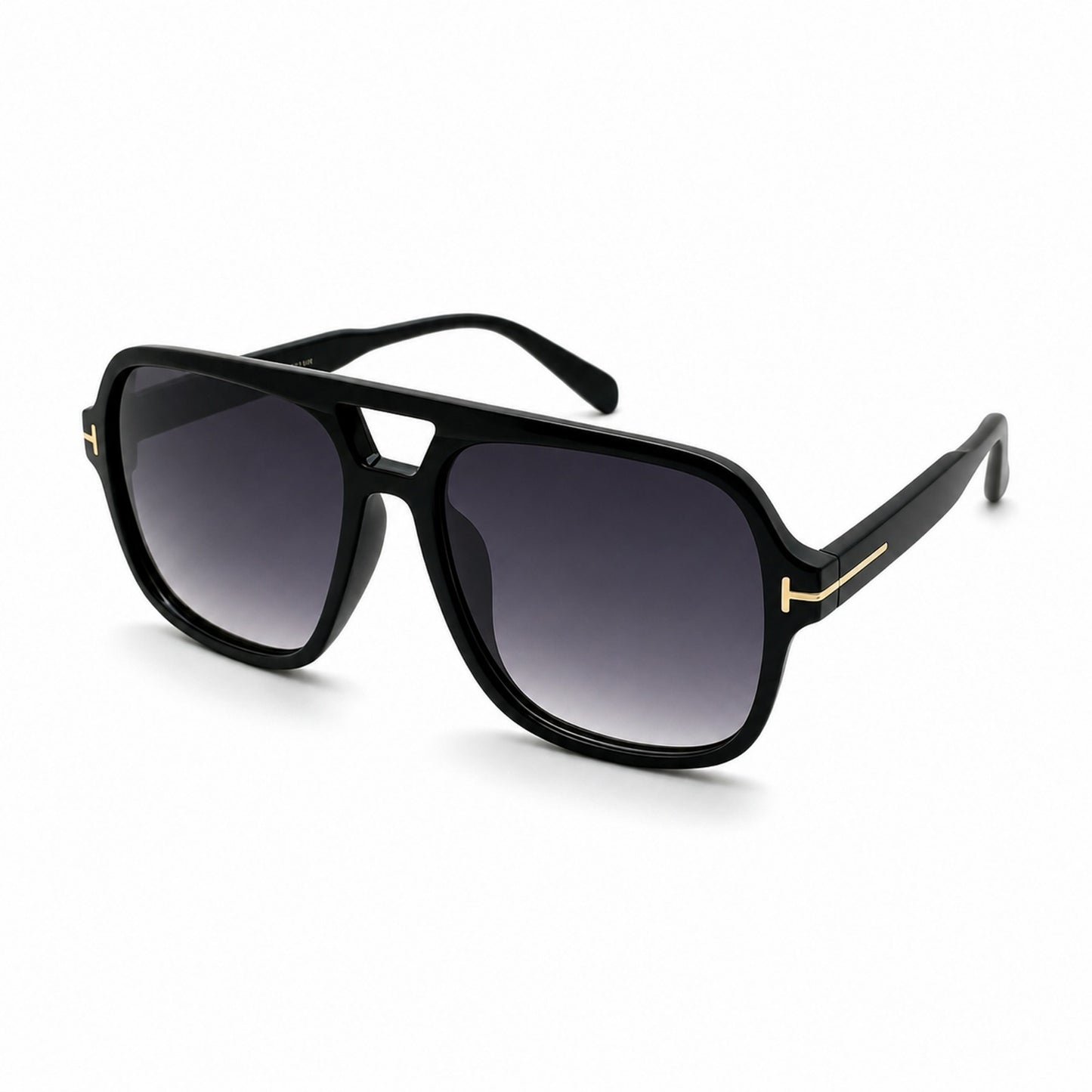 Modern Oversized Double-Bridge Aviator Sunglasses with Gold T-Hinge Side Details P11160