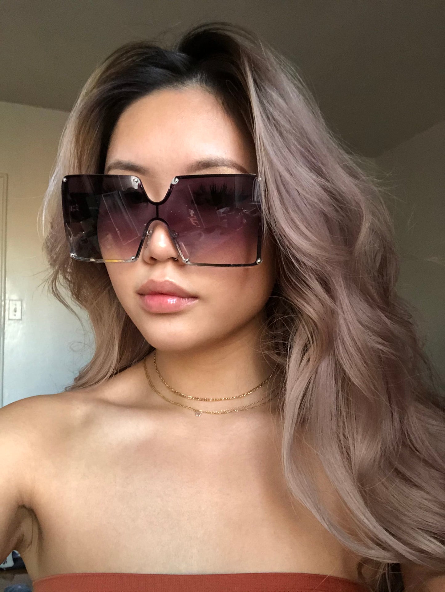 Oversize Square Shield Sunglasses with Studded Lens & Wide Tapered Temples J10509