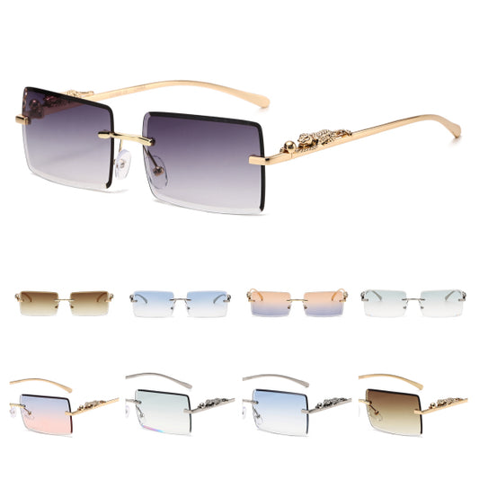 Luxury Rimless Rectangle Sunglasses with Decorative Gold Temples J11031