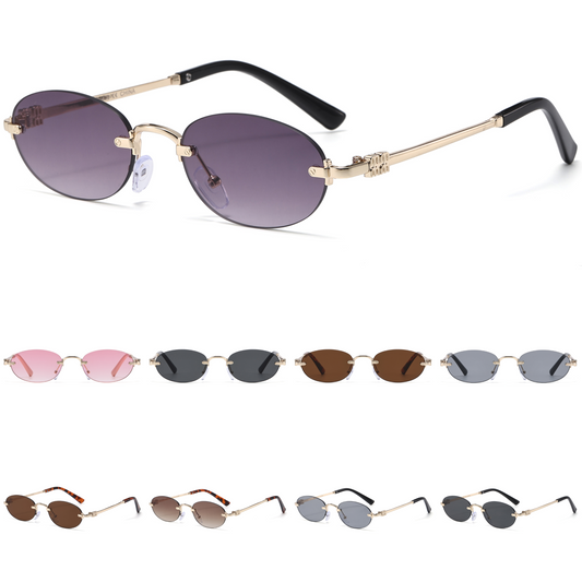 Narrow Rimless Oval Gradient Sunglasses with Gold Temples J11120