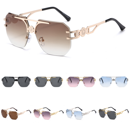 Rimless Flat Top Aviator Sunglasses with Medallion Temples J11121