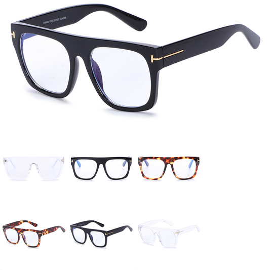 Fashion Flat Top Square Blue Light Frames with Gold T-Logo Metal Side Hardware P10979BLB