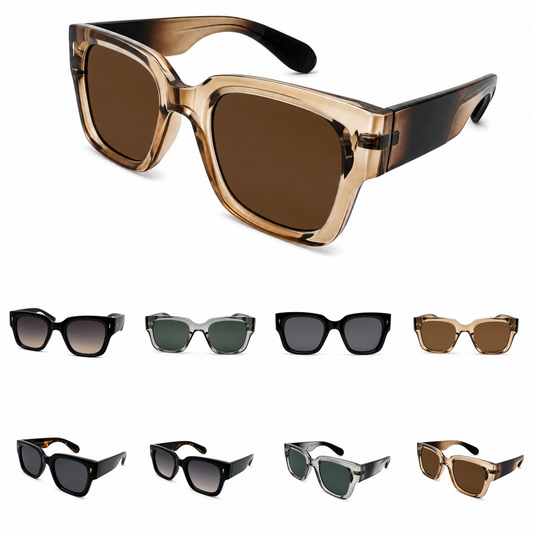 Retro Thick Frame Square Sunglasses with Gold Accent Studs and Two-Tone Side Arms P11157