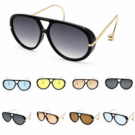 Oversized Aviator Sunglasses with Gold Curved Wire Side Temples and Droplet Tips P11159