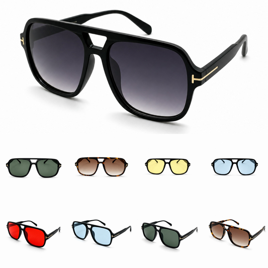 Modern Oversized Double-Bridge Aviator Sunglasses with Gold T-Hinge Side Details P11160