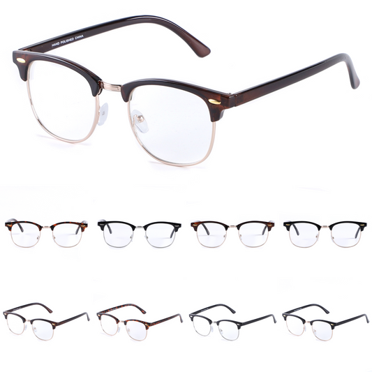 Retro Clubmaster Style Eyewear with Semi-Rimless Frames and Oval Side Rivets P1947Clear