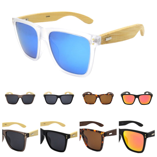 Bulk Classic Flat Top Sunglasses featuring Wooden Sides and Metal Hinges PL11055
