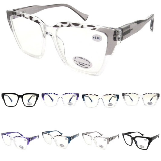 Clear Square Blue Light Blocking Reading Glasses with Animal Print Brow Accent RJ11140-BLB