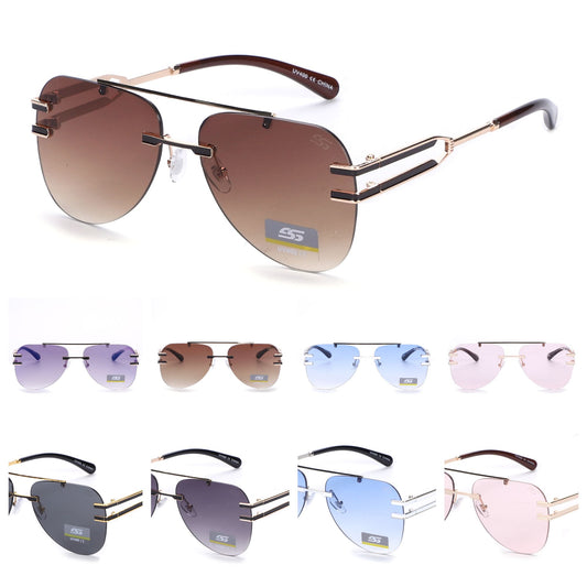 Luxury Rimless Aviator Sunglasses with Double Bridge and Unique Split Temple SS10957