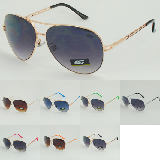 Chain-Link Temple Aviators with Colored Accent Tips and Gradient Lens SS8097