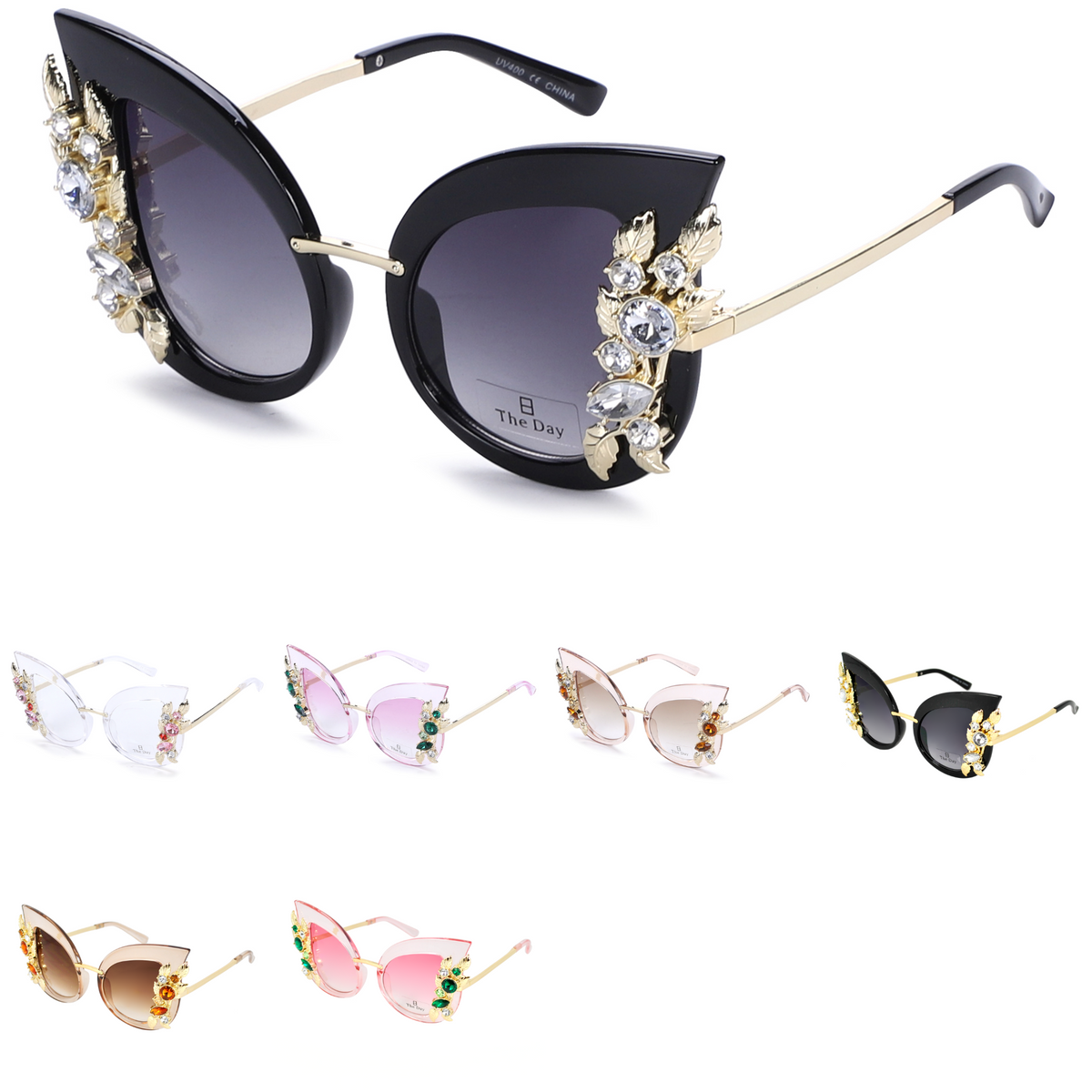 Cat Eye Sunglasses with Gold Leaf and Jewel Accents TD10279