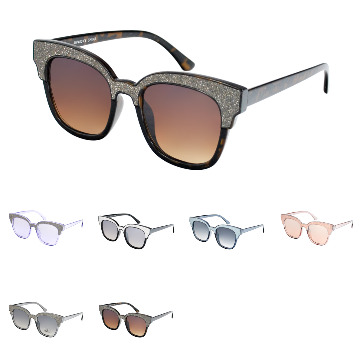 Cat-Eye Sunglasses with Glitter Brow Accent & Gradient Lens TD10306