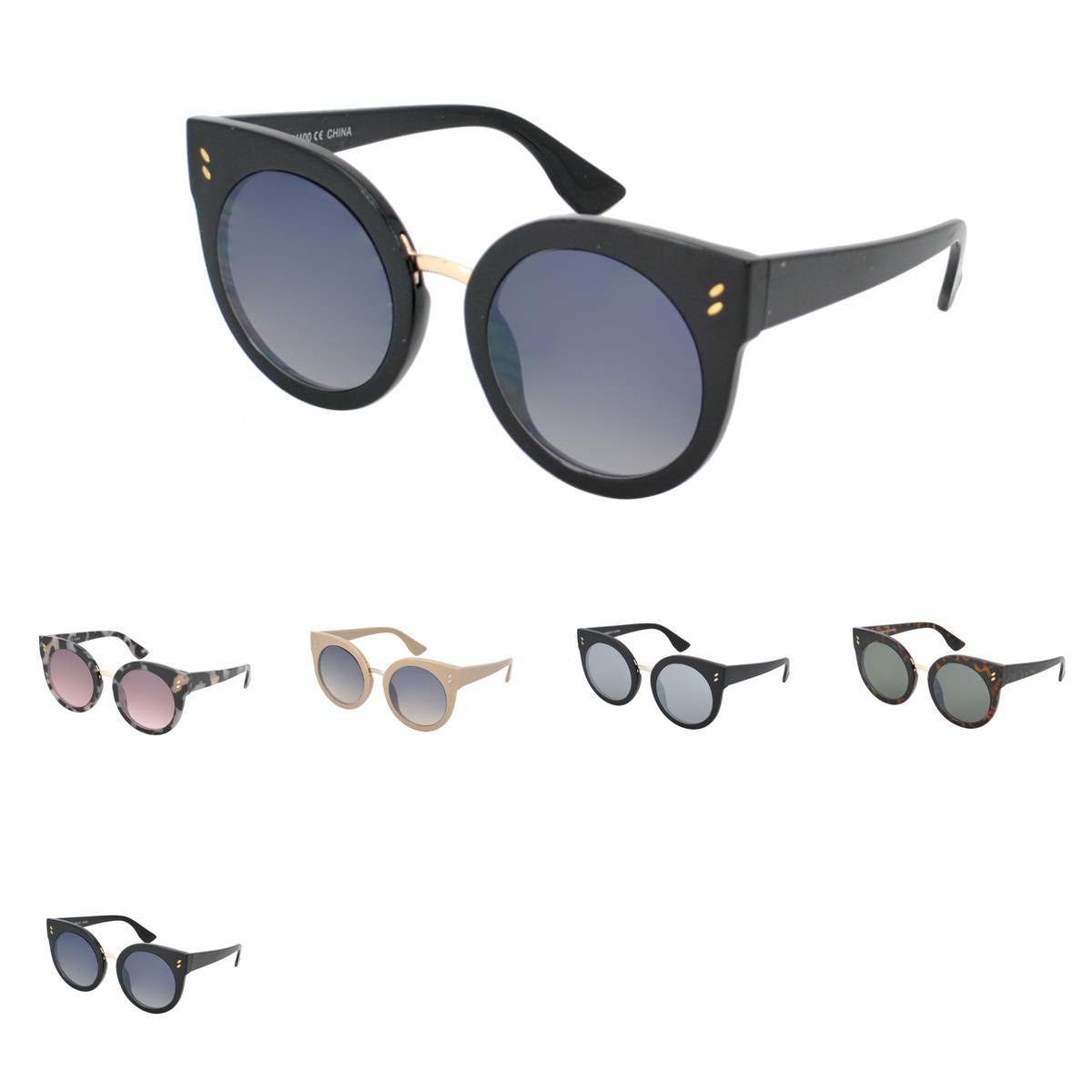 Vintage Round Cat-Eye Sunglasses with Metallic Bridge and Accent Studs TD10331