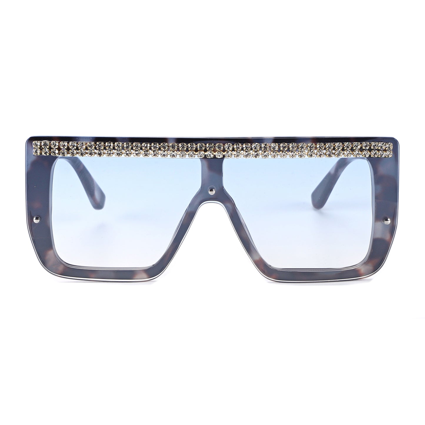 Oversized Square Flat Top Shield Sunglasses with Rhinestone Top Bar TD10816