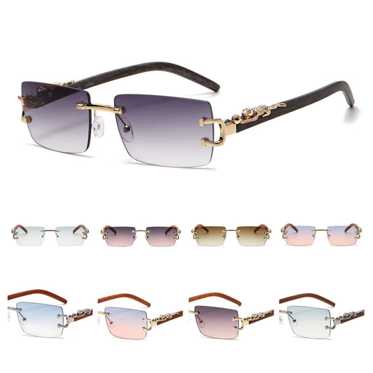 Luxury Rimless Rectangle Sunglasses with Leopard Side Detail and Wood Grain Side Temples J11029