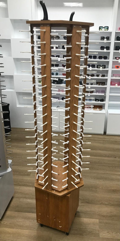 High Quality Dark Wood Sunglasses Display with storage, 360° Rotating, 114 Pairs Glasses Rack, with Mirrors and Wheels DS-W114
