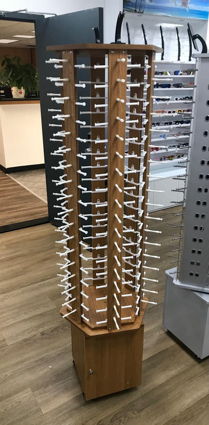 High Quality Dark Wood Sunglasses Display with storage, 360° Rotating, 114 Pairs Glasses Rack, with Mirrors and Wheels DS-W114