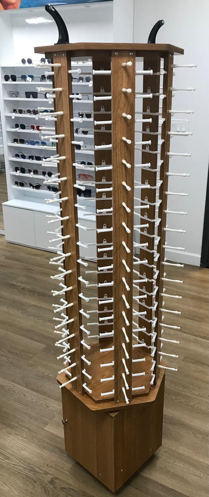 High Quality Dark Wood Sunglasses Display with storage, 360° Rotating, 114 Pairs Glasses Rack, with Mirrors and Wheels DS-W114