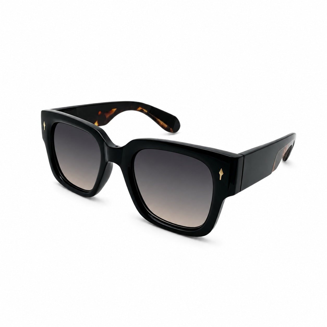 Retro Thick Frame Square Sunglasses with Gold Accent Studs and Two-Tone Side Arms P11157