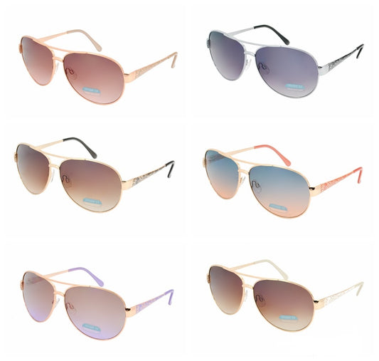 Metal Aviators with Gradient Lens and Floral Detailed Temples HJ1012