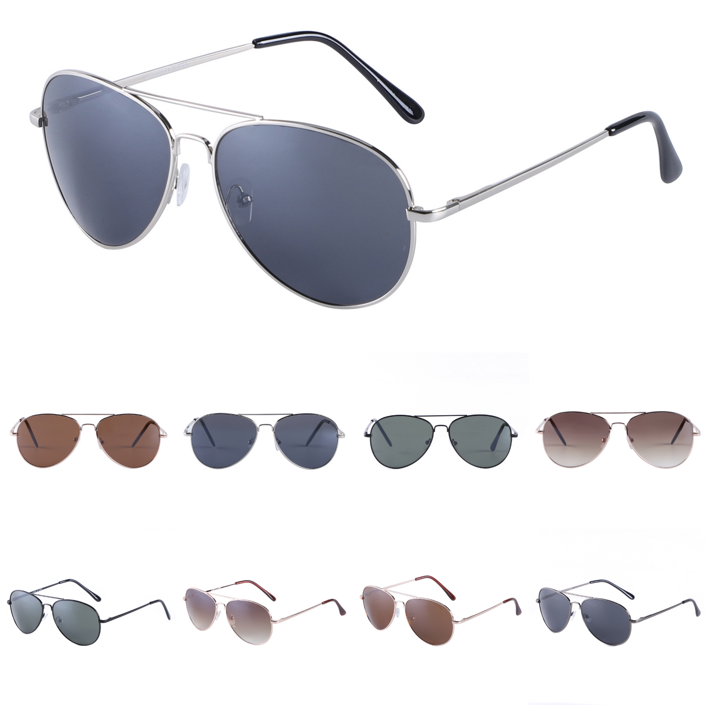 Classic Metal Aviator Sunglasses with Slim Double Bridge and Comfort Grip Temples J0791