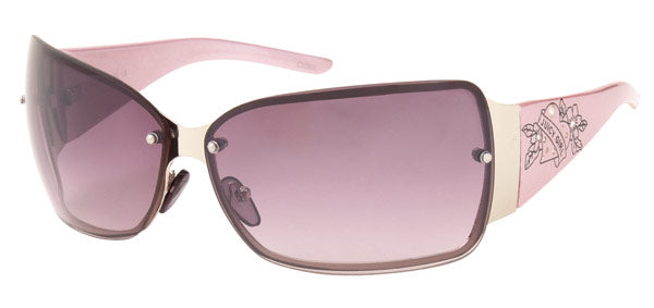 Rimless Shield Sunglasses with Heart & Floral Temple Art J0792