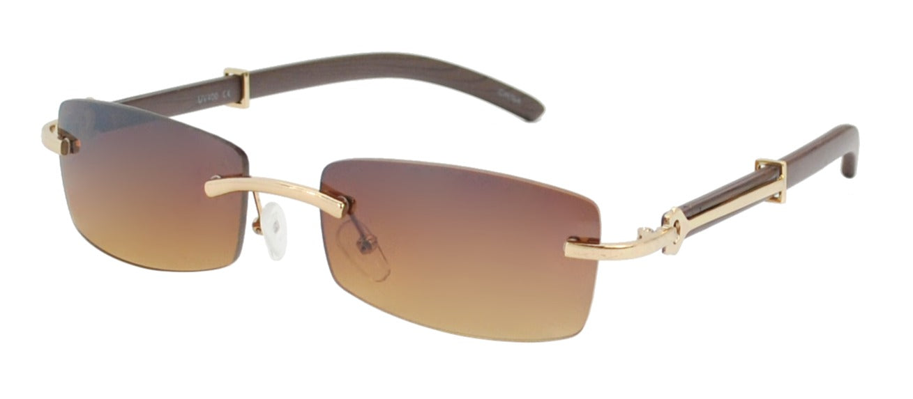 Rimless Rectangle Sunglasses with Wood-Tone Temples J0875