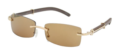 Rimless Rectangle Sunglasses with Wood-Tone Temples J0875