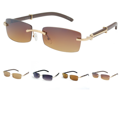 Rimless Rectangle Sunglasses with Wood-Tone Temples J0875