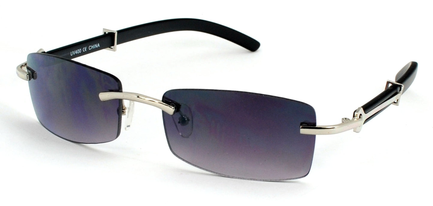 Rimless Rectangle Sunglasses with Wood-Tone Temples J0875