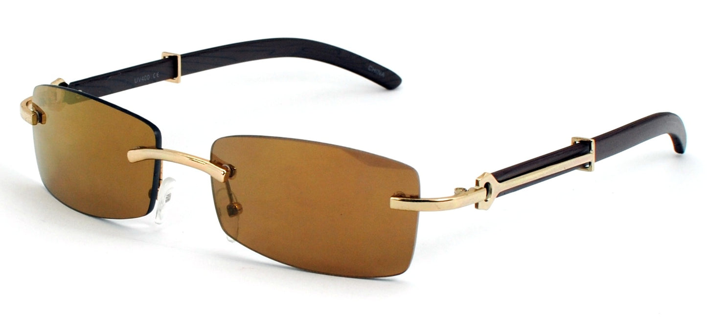 Rimless Rectangle Sunglasses with Wood-Tone Temples J0875