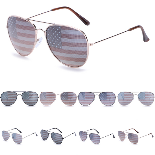 American Flag Aviator Sunglasses with Stars and Stripes Graphic Lenses J0894-Flag
