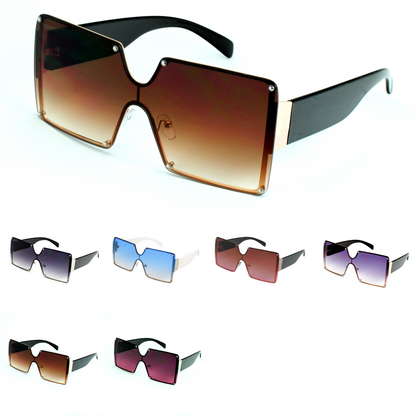 Oversize Square Shield Sunglasses with Studded Lens & Wide Tapered Temples J10509