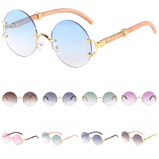 Retro Round Frameless Sunglasses with Gold Frame & Bamboo Arms J10653