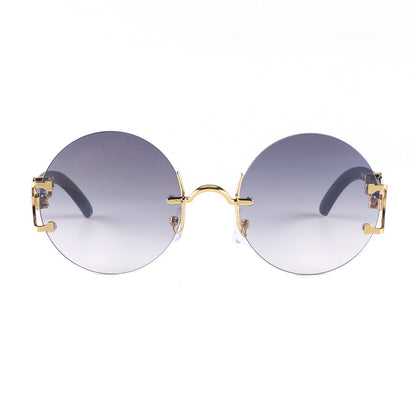 Retro Round Frameless Sunglasses with Gold Frame & Bamboo Arms J10653