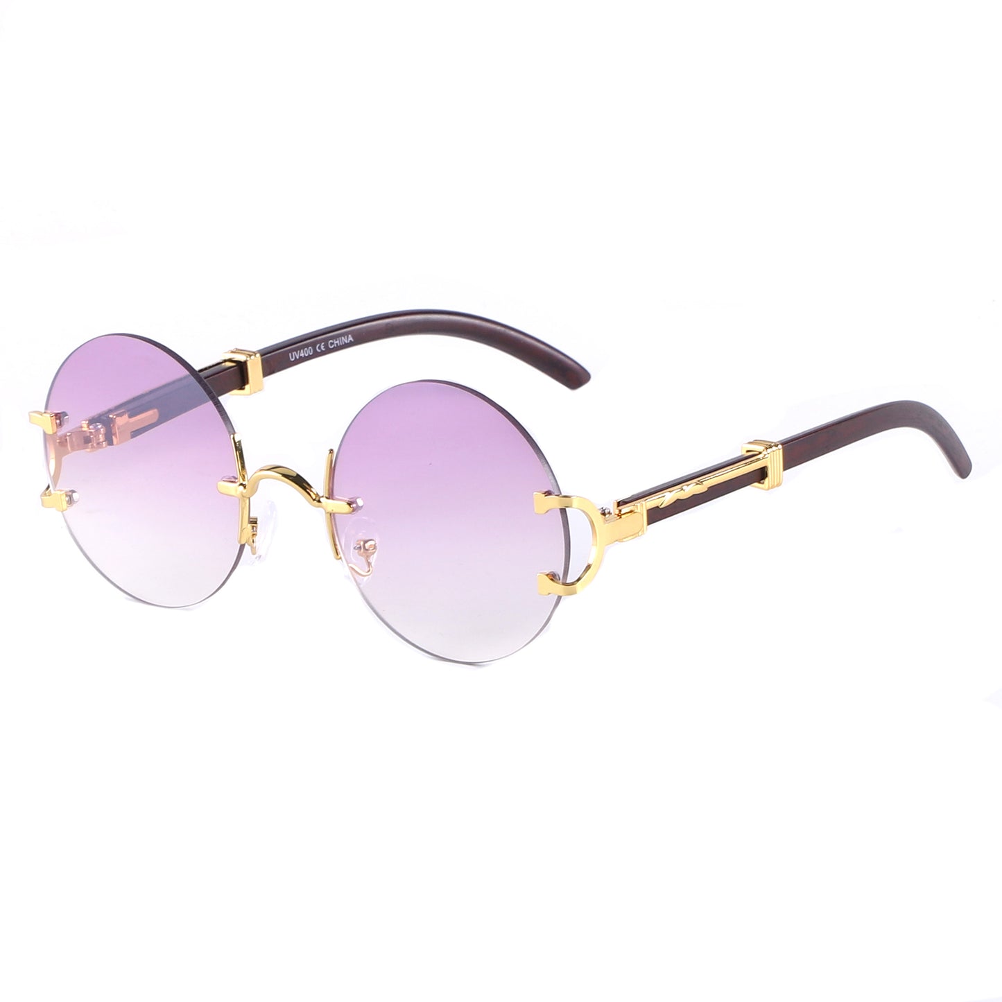 Retro Round Frameless Sunglasses with Gold Frame & Bamboo Arms J10653