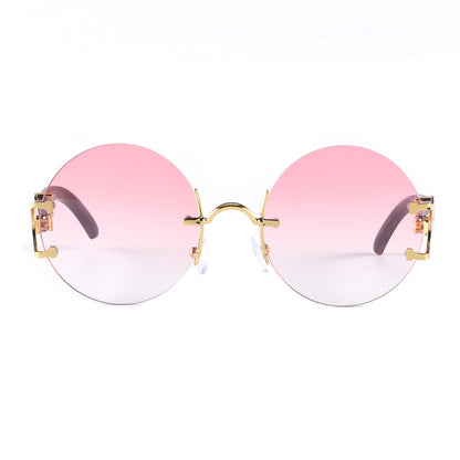 Retro Round Frameless Sunglasses with Gold Frame & Bamboo Arms J10653