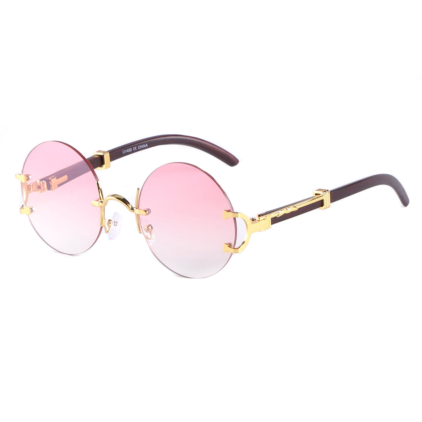 Retro Round Frameless Sunglasses with Gold Frame & Bamboo Arms J10653