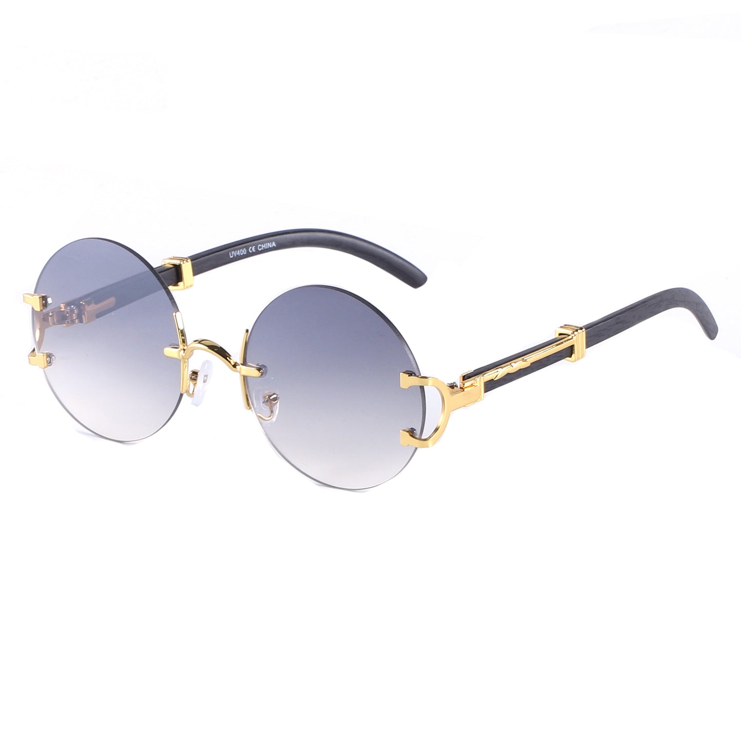 Retro Round Frameless Sunglasses with Gold Frame & Bamboo Arms J10653