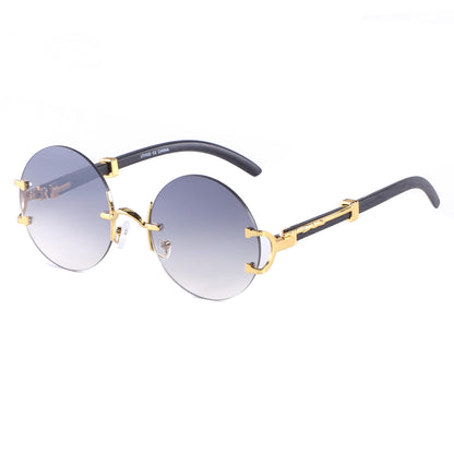 Retro Round Frameless Sunglasses with Gold Frame & Bamboo Arms J10653