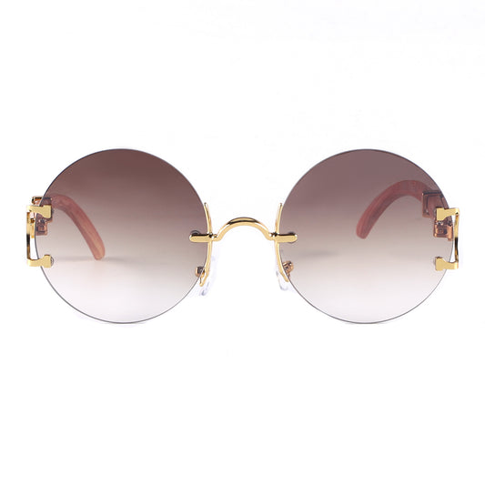 Retro Round Frameless Sunglasses with Gold Frame & Bamboo Arms J10653