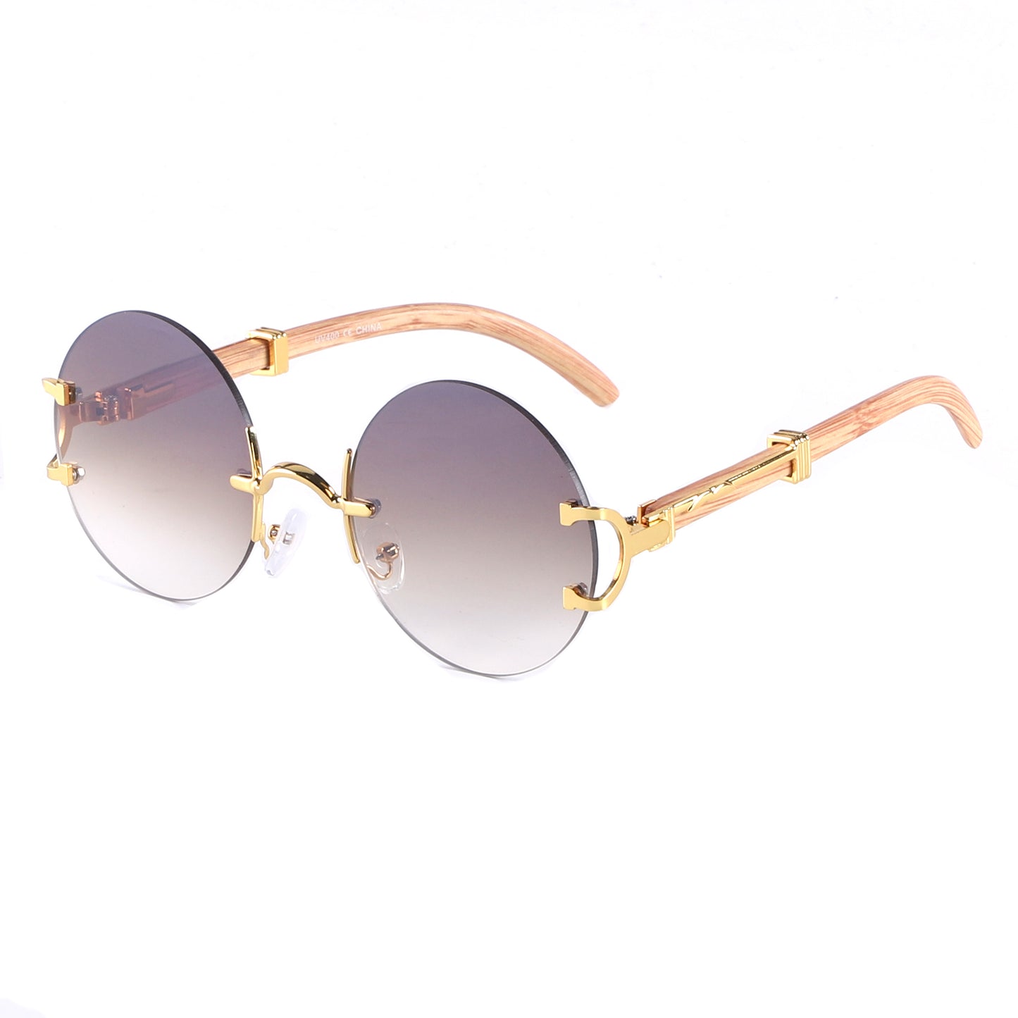 Retro Round Frameless Sunglasses with Gold Frame & Bamboo Arms J10653