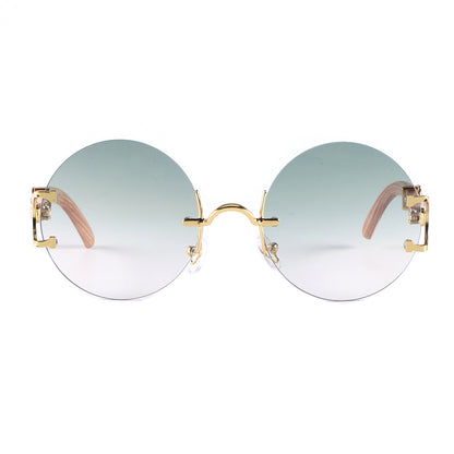 Retro Round Frameless Sunglasses with Gold Frame & Bamboo Arms J10653