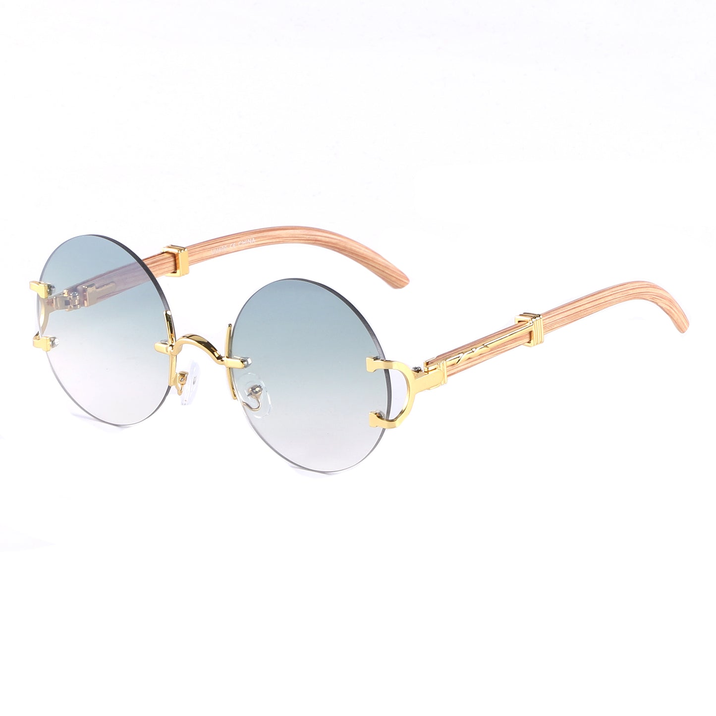 Retro Round Frameless Sunglasses with Gold Frame & Bamboo Arms J10653