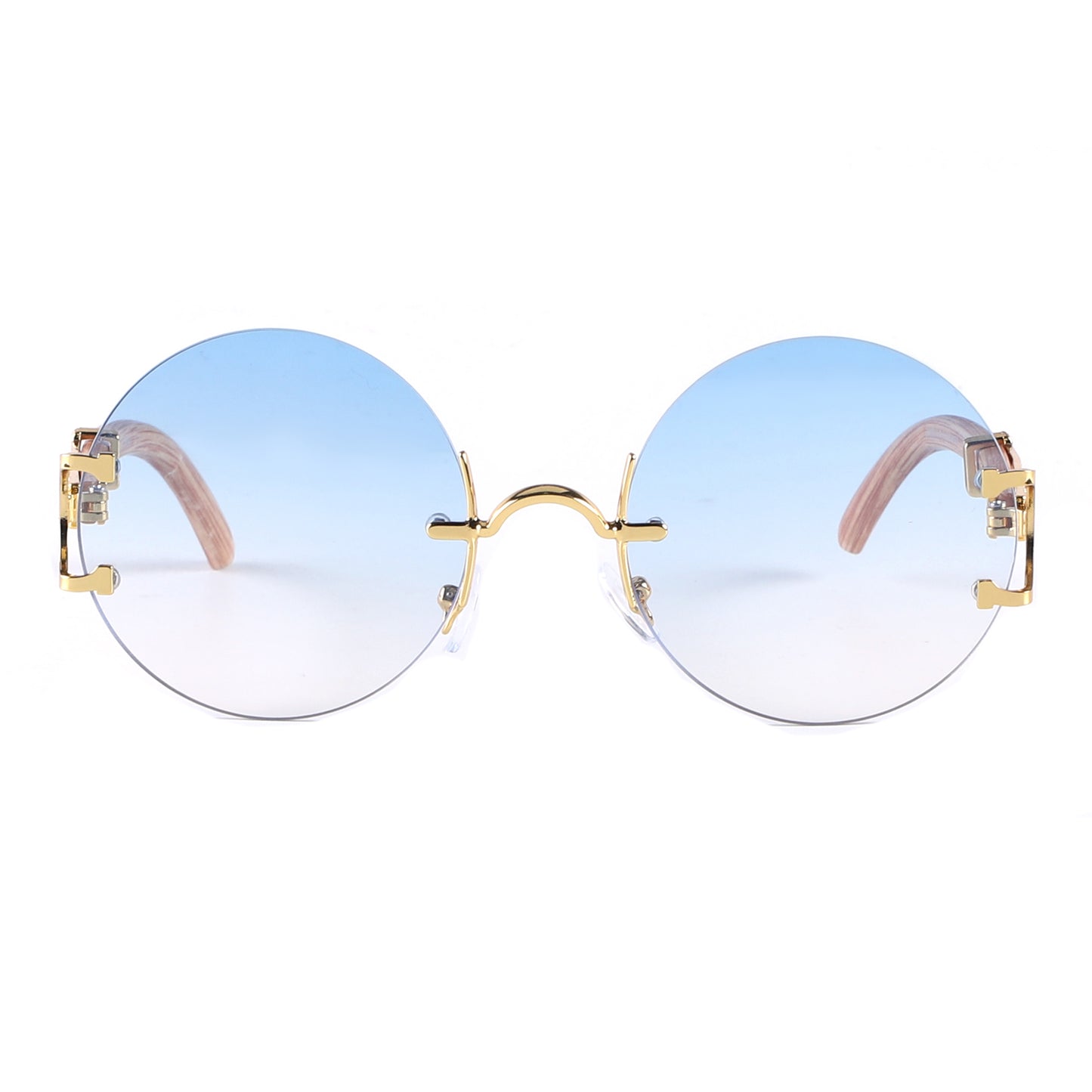 Retro Round Frameless Sunglasses with Gold Frame & Bamboo Arms J10653