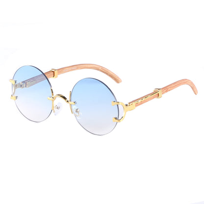 Retro Round Frameless Sunglasses with Gold Frame & Bamboo Arms J10653