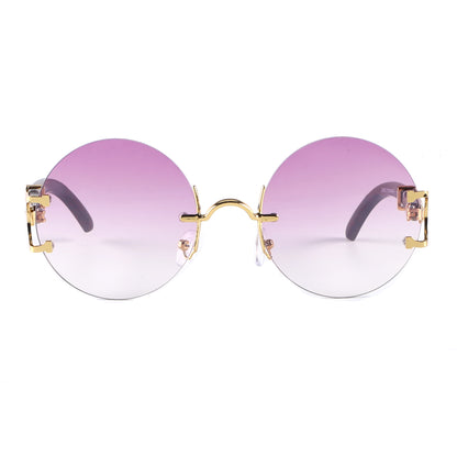 Retro Round Frameless Sunglasses with Gold Frame & Bamboo Arms J10653