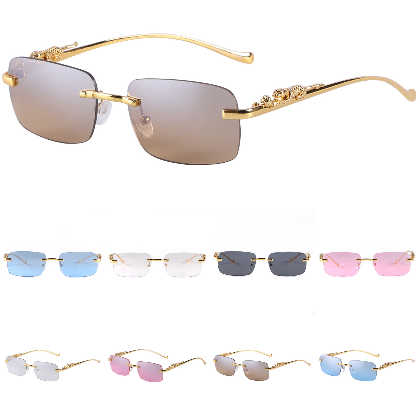 Sleek Rimless Glasses with Panther Temple Motif J10800