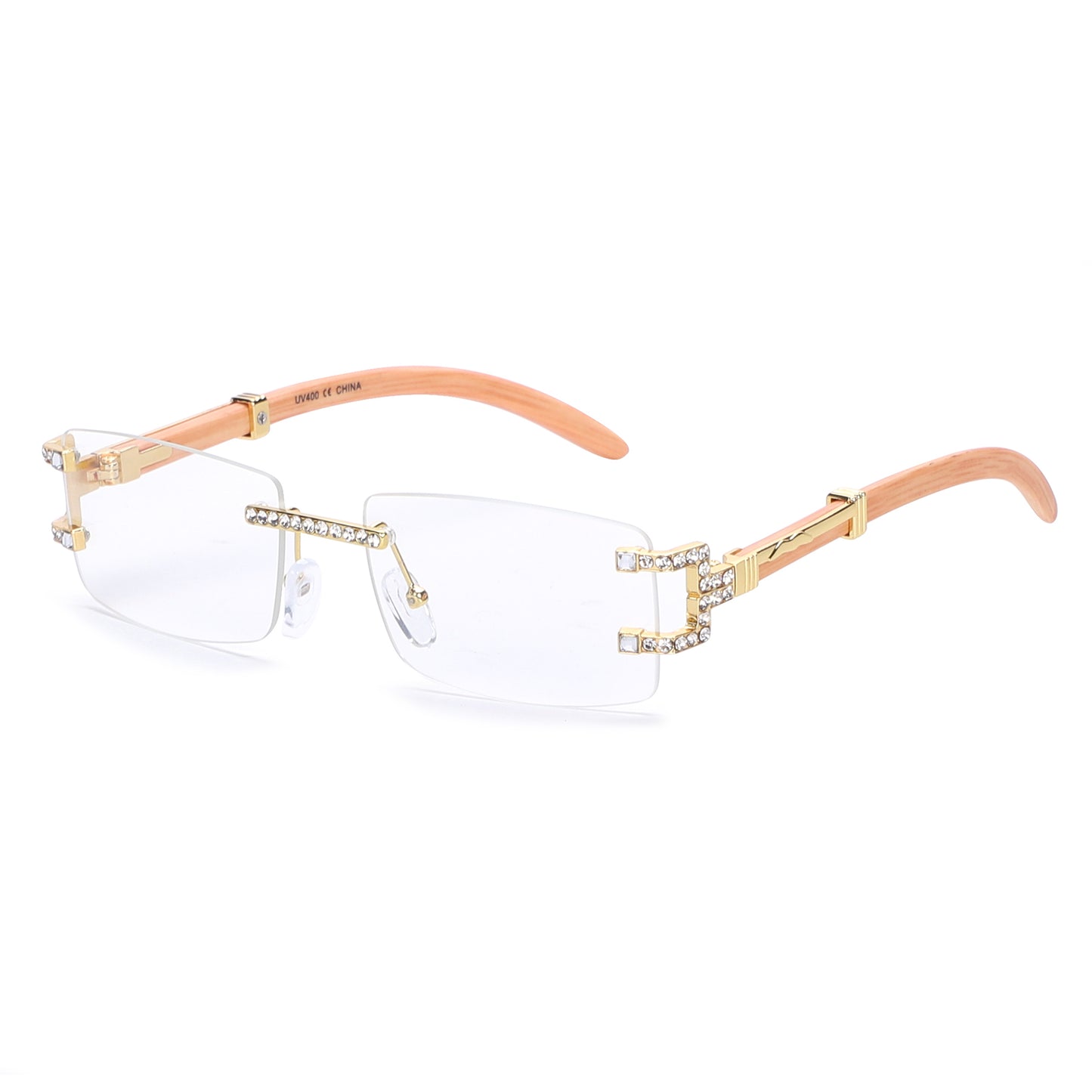 Luxury Rimless Rectangular Sunglasses with Rhinestone Accents J10809-C