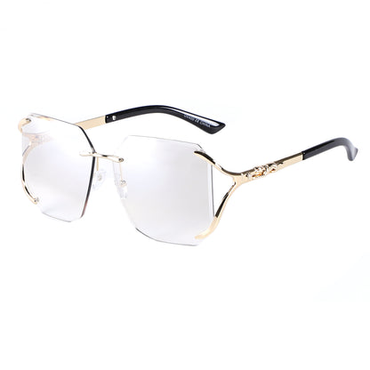 Luxury Rimless Oversized Sunglasses with Decorative Gold Detail J10858